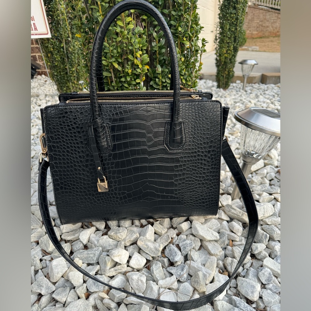 H&M Black Croc-Patterned Satchel with Gold Accents